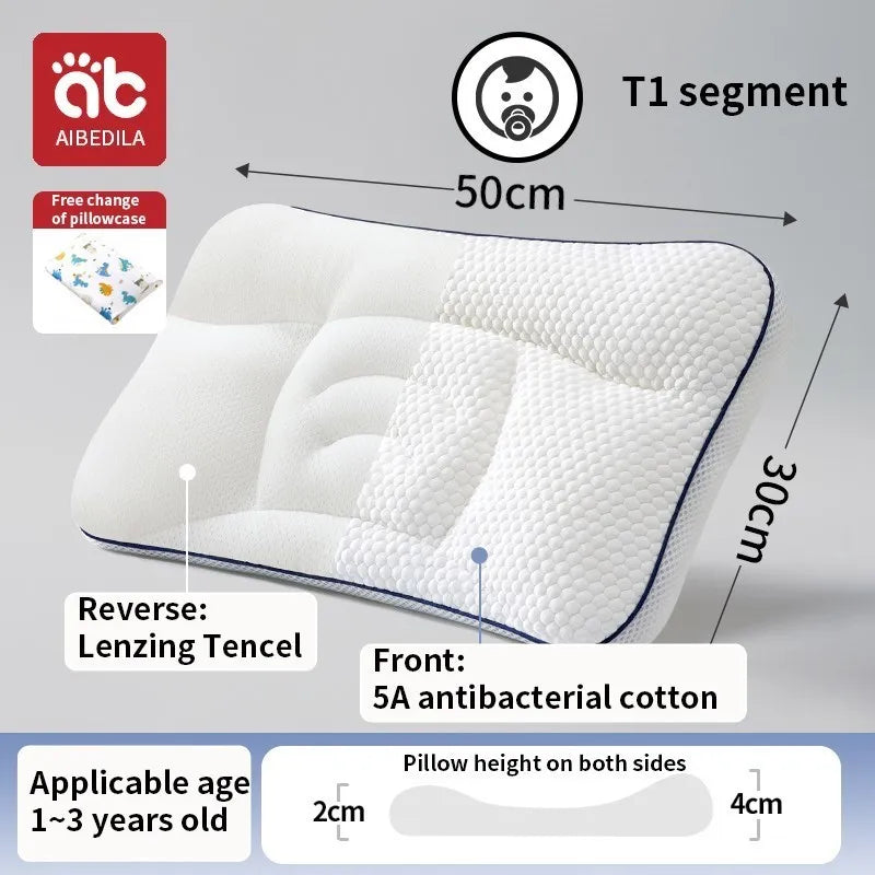 Dual-Sided Kids Contour Pillow with Five-Zone Design, Bamboo Fabric and Tencel Cover, Fiber Filling and T1 T2 T3 Pillowcase Options for Older Children