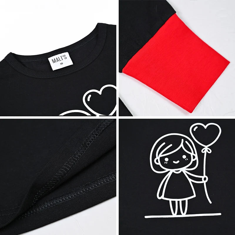 Kids Matching Pajamas with Red Cuffs and White Character Graphics, Black Sibling Outfit Styles with Two-Piece Sets, Nightgown and Footie Options