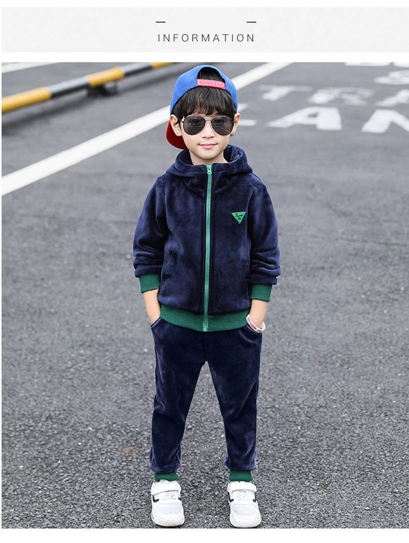 Boys Winter Tracksuit Set with Velvet-Texture Zip-Up Hooded Jacket and Matching Pants, 2-Piece Polyester Outfit for Ages 3-10