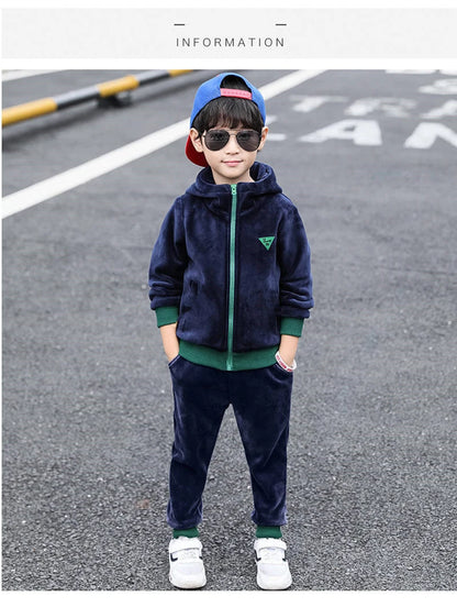 Boys Winter Tracksuit Set with Velvet-Texture Zip-Up Hooded Jacket and Matching Pants, 2-Piece Polyester Outfit for Ages 3-10
