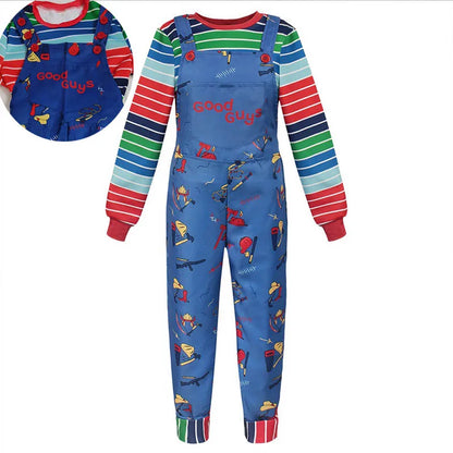 Chucky Halloween Costume Set with Multicolor Striped Shirt and Blue Printed Overalls for Kids and Adults, Cosplay and Costume Parties