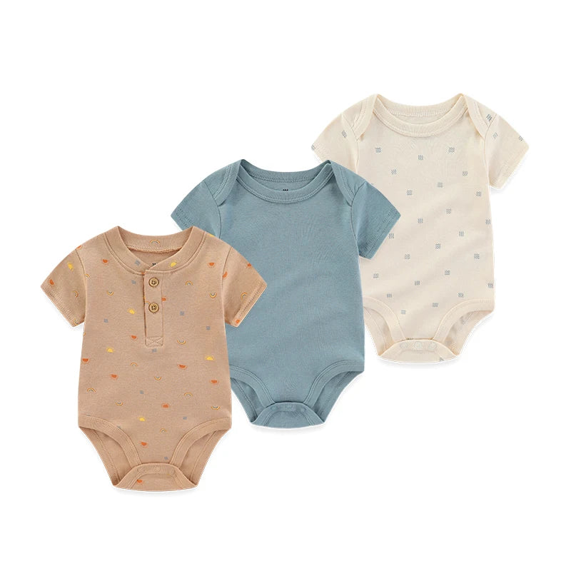 Cotton Infant Bodysuit Trio with Short Sleeves, Printed and Solid Baby One-Piece Outfits with Bottom Snaps for Boys and Girls, 3M-12M