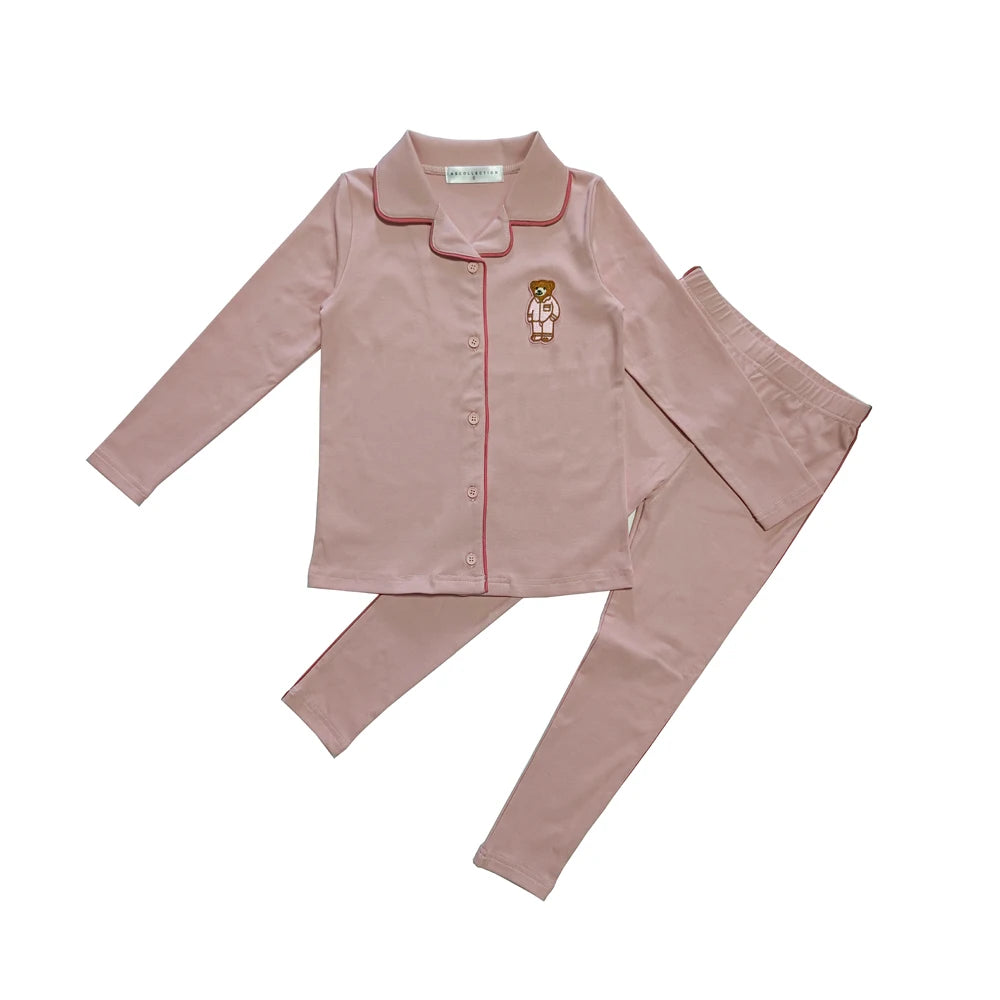 Kids Button Front Loungewear with Teddy Bear Motif, Long Sleeve Shirt and Pants Sets, Dress and Baby Romper Options in Blue, Pink and Red