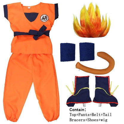 Orange Anime Gi Costume for Kids and Adults, Goku-Inspired Polyester Top and Pants with 5, 6 or 7-Piece Accessory Options for Halloween and Cosplay