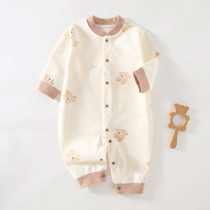 Long Sleeve Cotton Baby Romper with Front Snaps and Footless Cuffs, Animal Prints and Solid Colors for Boys and Girls, Sizes 59-90 cm