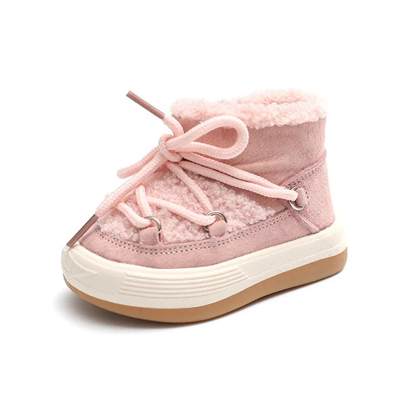 Toddler Plush Panel Lace-Up Boots with Rubber Soles and Cozy Cuffs, Beige, Black or Pink Winter Ankle Shoes for Boys and Girls, 12-15.5 cm Insoles