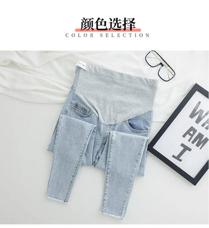 Maternity Denim Jeans with Over-Belly Panel, Blue Pregnancy Pants with Frayed Hem Styling, M-2XL Options for Everyday Casual Outfits