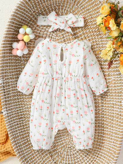 Baby Girl Heart Print Romper with Shoulder Ruffles and Bow Details, Long Sleeve Cotton Jumpsuit with Inner-Leg Snaps, Sizes 0-6 Months