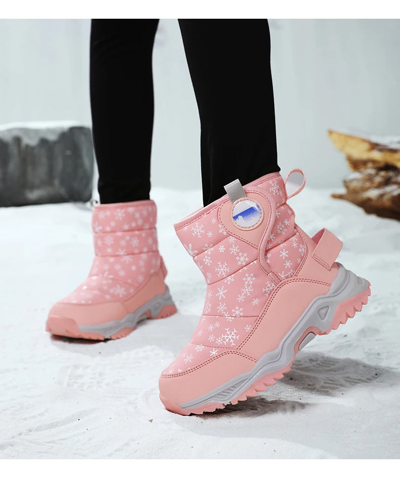Snowflake Print Kids Winter Boots with Padded Shafts, Pull Tabs and Chunky Tread Soles, Pink Snow-Style Footwear for Boys and Girls