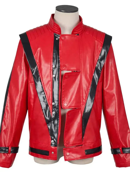 Red Thriller-Style Costume Jacket with Black Contrast Panels, Stand Collar and Cuff Straps for Pop-Inspired Cosplay, Halloween and Stage Performances