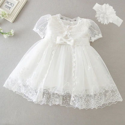 Baby Baptism Gown for Girls with Long Sleeves, Lace Details and Cotton Lining, Dress and Cap Set for Christening and First Birthday Photos