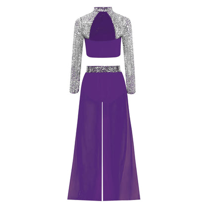 Girls Lyrical Dance Costume Set with Mock Neck Sparkle Top and Wide Leg Pants, Chiffon Overlay and Sleeveless Styles for Recitals and Stage Performances