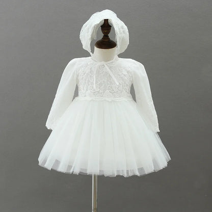 Baby Baptism Gown for Girls with Long Sleeves, Lace Details and Cotton Lining, Dress and Cap Set for Christening and First Birthday Photos