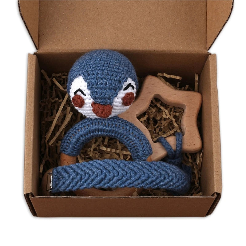 Crochet Animal Rattle Set with Wooden Ring and Coordinating Accessories, Rabbit, Deer and More Designs for Supervised Play and Baby Shower Gifts