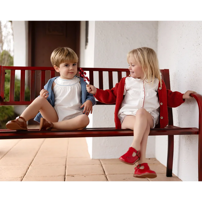 Matching Sibling Clothes with Classic Blue Trim, Shirts, Shorts, Overalls, Dresses and Cardigan Options for Baby Boys, Girls and Kids