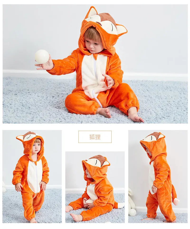 Animal Kigurumi Costume for Babies and Toddlers, Hooded Flannel Jumpsuit with Long Sleeves for Halloween Dress-Up and Family Photos