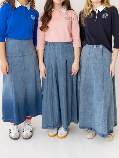 Denim Panel Pleated Skirt for Girls, Teens and Women, Washed Blue and Gray Cotton Styles with Black Jersey Option for Everyday Casual Outfits