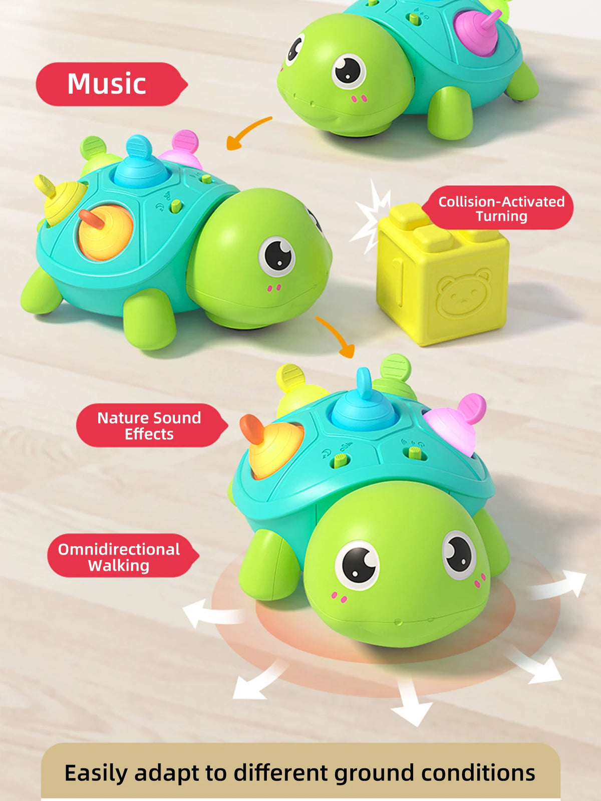 Crawling Turtle Toy with Lights and Sound, Colorful Press-and-Pop Shell Activity Toy for Supervised Baby Floor Play and Gift Giving