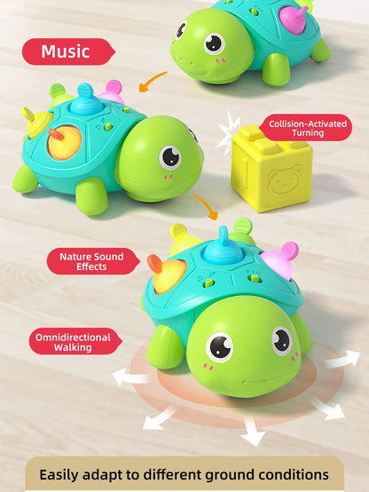 Crawling Turtle Toy with Lights and Sound, Colorful Press-and-Pop Shell Activity Toy for Supervised Baby Floor Play and Gift Giving