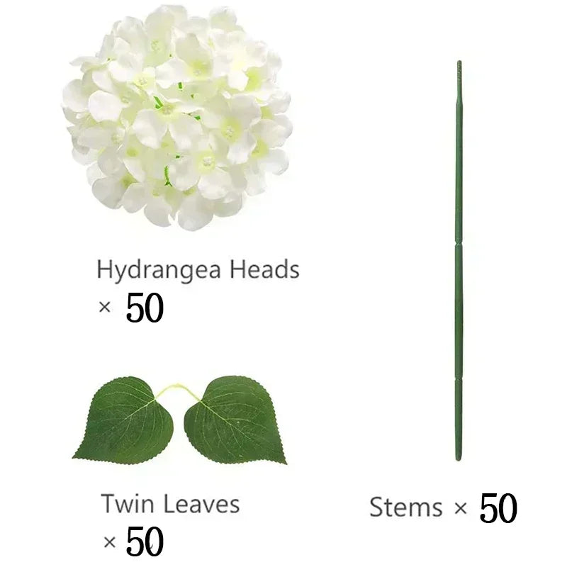 Artificial Hydrangea Flower Heads, 50-Piece Silk-Fabric Floral Set with Stem or Leaf Options for DIY Wedding Centerpieces, Baby Showers and Home Decor