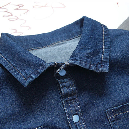 Collared Baby Denim Romper by IENENS with Chest Pockets and Snap Fastenings, Blue Long Sleeve One-Piece Outfit for Boys and Girls in 0-18M Sizes