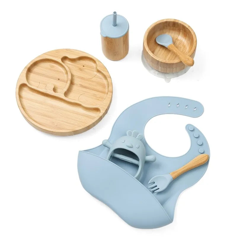 Bamboo Baby Tableware Set with Animal Plate Designs, Bowl, Cup and Wooden-Handle Utensil Options for Supervised Infant and Toddler Mealtimes