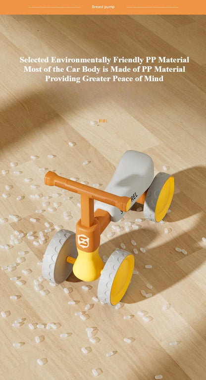 Toddler Four-Wheel Ride-On Bike in Green or Orange with Pedal-Free Design, Straight Handlebars and Shaped Seat for Supervised Play