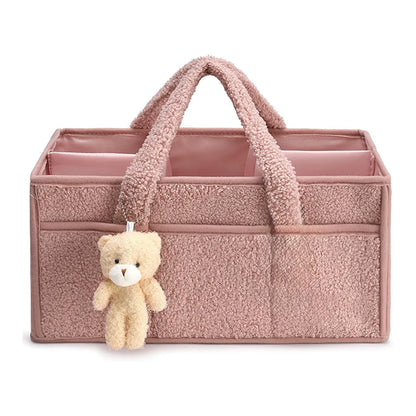 Plush Diaper Caddy with Carry Handles, Divided Compartments and Outer Pockets, Teddy Bear Nursery Organizer for Diapers and Baby Essentials