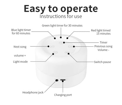 Color Light White Noise Machine with 7 Light Effects and 12 Sounds, 2000mAh Rechargeable Battery, Compact Sound Device for Nursery and Travel