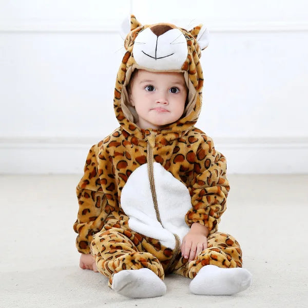 Animal Kigurumi Costume for Babies and Toddlers, Hooded Flannel Jumpsuit with Long Sleeves for Halloween Dress-Up and Family Photos