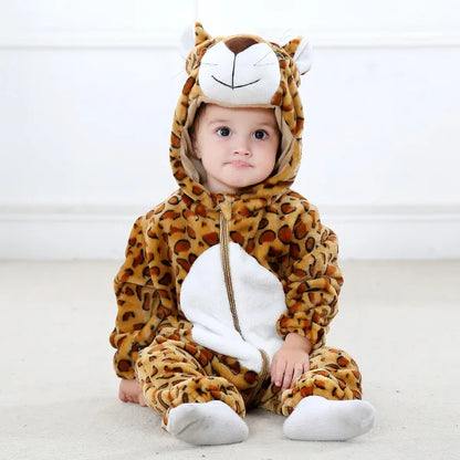 Animal Kigurumi Costume for Babies and Toddlers, Hooded Flannel Jumpsuit with Long Sleeves for Halloween Dress-Up and Family Photos