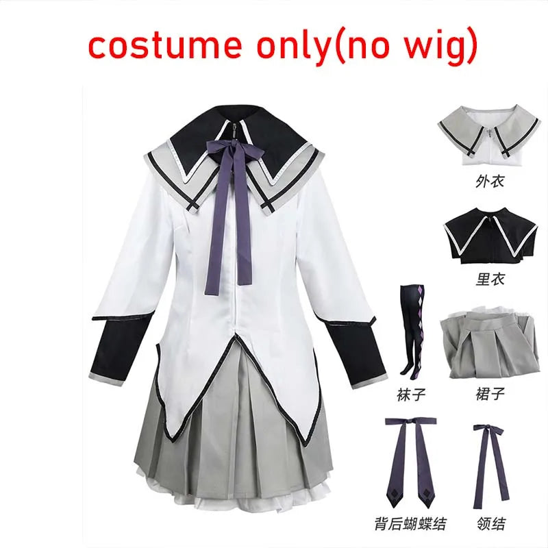 Akemi Homura Cosplay Uniform with White Coat, Gray Skirt, Purple Bows and Stockings, Anime Character Outfit for Halloween and Convention Events
