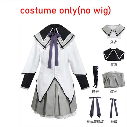 Akemi Homura Cosplay Uniform with White Coat, Gray Skirt, Purple Bows and Stockings, Anime Character Outfit for Halloween and Convention Events