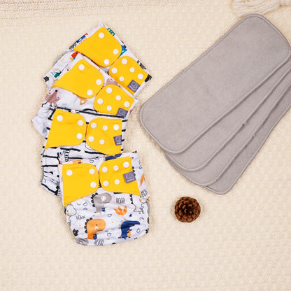 Mesh-Lined Cloth Diapers by Elinfant, 4-Pack Adjustable Pocket Baby Nappies with 4 Three-Layer Microfiber Inserts and Waterproof PUL Outer
