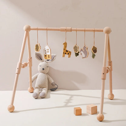 Baby Gym Hanging Toys in Wood and Cotton with Animal, Star and Moon Pendant Designs, Individual or Set Options for Supervised Play