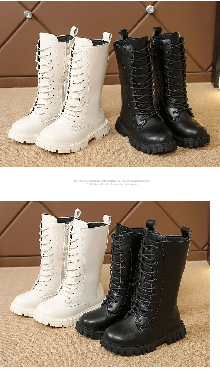 Girls Mid-Calf Lace-Up Boots with Side Zippers, Chunky Lug-Style Soles and Back Pull Tabs, Fall Winter Fashion Footwear in Sizes 27-36