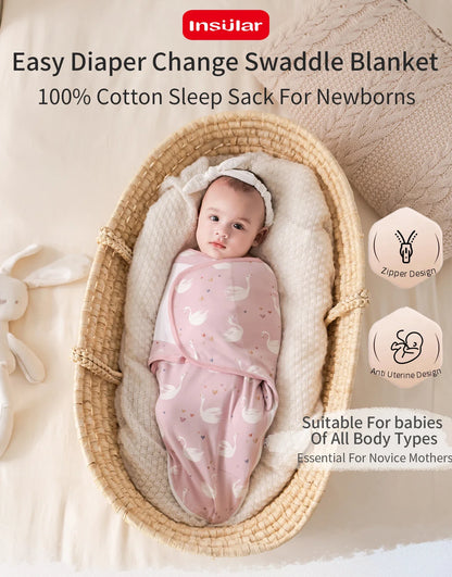 Envelope Baby Swaddle Wrap with Cap, INSULAR Adjustable Cotton Newborn Set in S and M with Animal, Leaf, Rainbow and Star Pattern Options