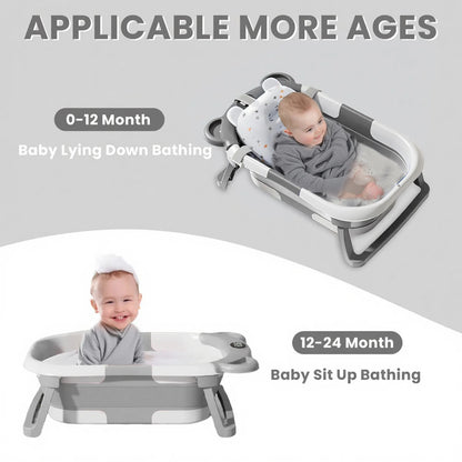 Travel Baby Bathtub with Thermometer and Soft Floating Cushion, Collapsible PP and TPE Bath Tub with Drain Plug for Supervised Infant and Toddler Bathing
