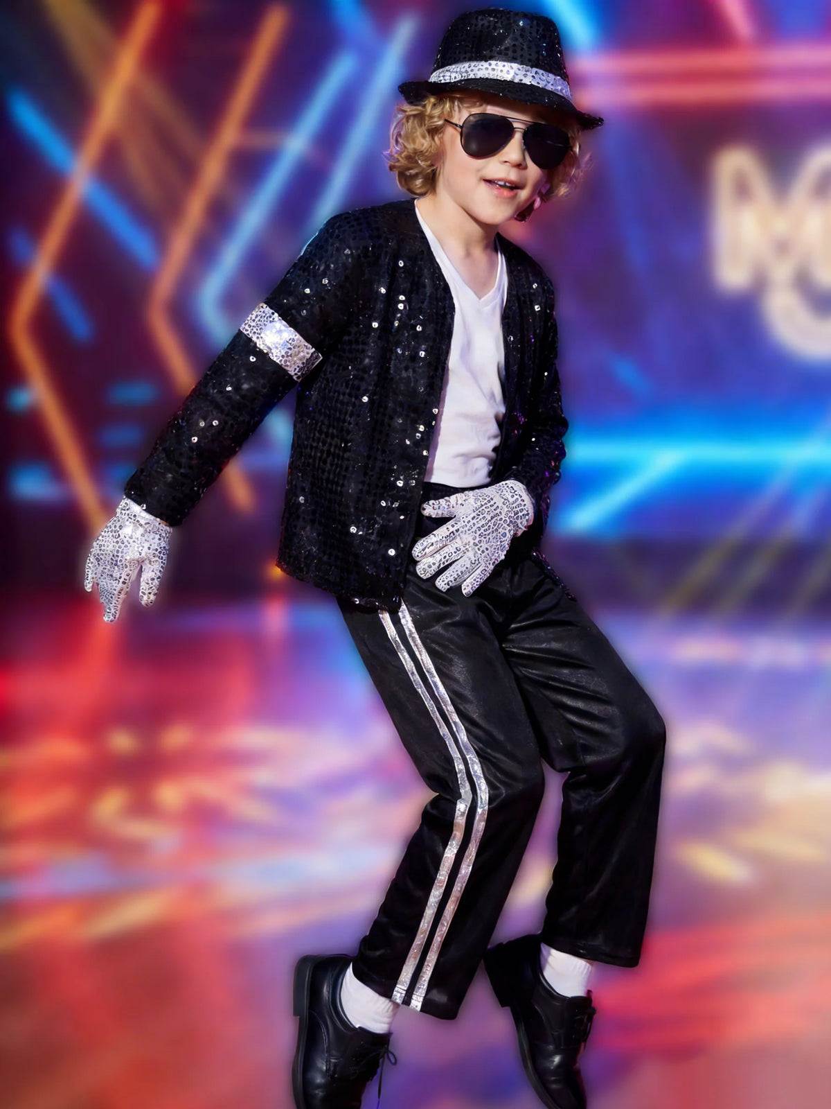 Kids Pop Star Costume with Black Sequin Jacket and Pants Set Options, Retro Dance Performance Outfit for Halloween and Parties, Sizes S-XL