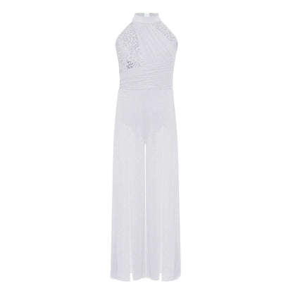 Girls Sequin Dance Jumpsuit with Split Wide-Leg Mesh, Sleeveless Mock Neck and Crisscross Back for Lyrical Recitals and Stage Performances