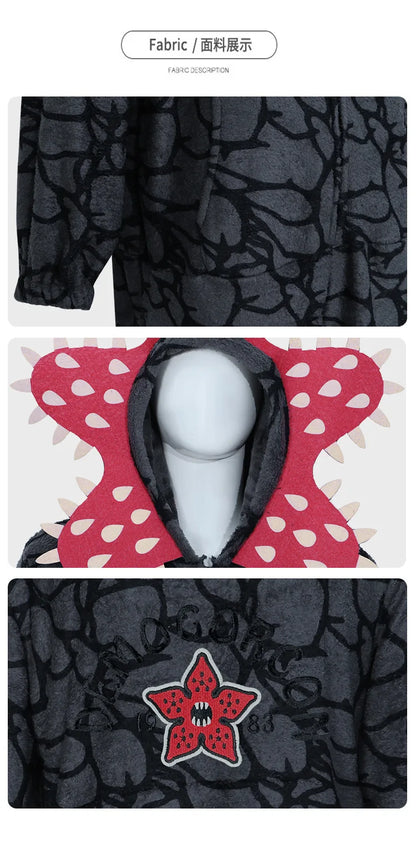 Demogorgon Costume for Kids and Adults, Black Flannel Monster Hooded Jumpsuit with Flower Face Design for Halloween Parties and Cosplay
