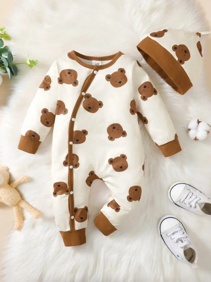 Bear Print Infant Romper with Long Sleeves and Front Fastenings, Contrast Trim and Footless Cuffs for Everyday Baby Outfits, Sizes 1-18 Months