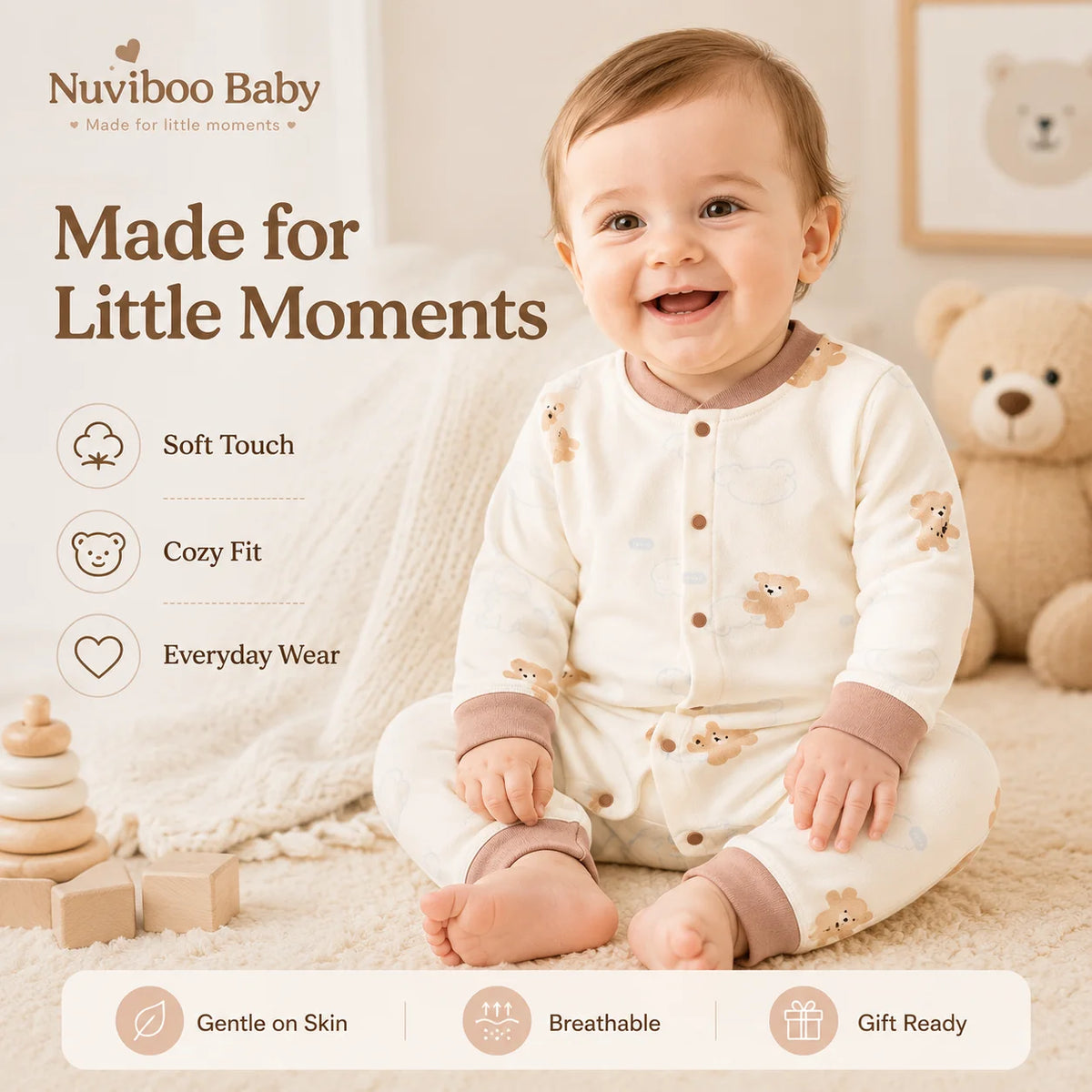 Long Sleeve Cotton Baby Romper with Front Snaps and Footless Cuffs, Animal Prints and Solid Colors for Boys and Girls, Sizes 59-90 cm
