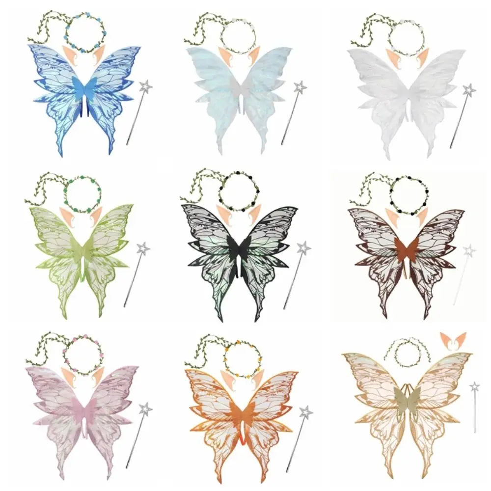 Fairy Wings Costume Set with Organza Butterfly Wings, Elf Ears, Floral Wreath and Star Wand for Halloween, Fantasy Parties and Dress-Up