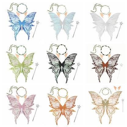 Fairy Wings Costume Set with Organza Butterfly Wings, Elf Ears, Floral Wreath and Star Wand for Halloween, Fantasy Parties and Dress-Up