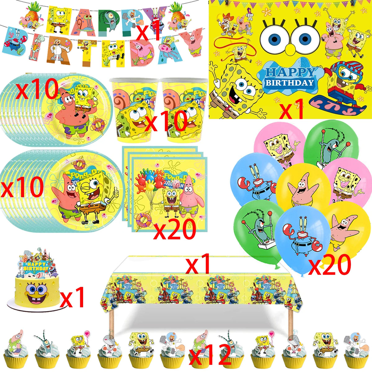 SpongeBob Birthday Party Supplies with Patrick Star, Disposable Plates, Cups, Balloons and Decoration Options for Kids Celebrations