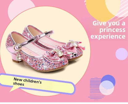 Bow-Accent Glitter Mary Jane Shoes for Girls with Buckled Strap and Block Heel, Sparkling Princess Dress Shoes for Parties and Weddings
