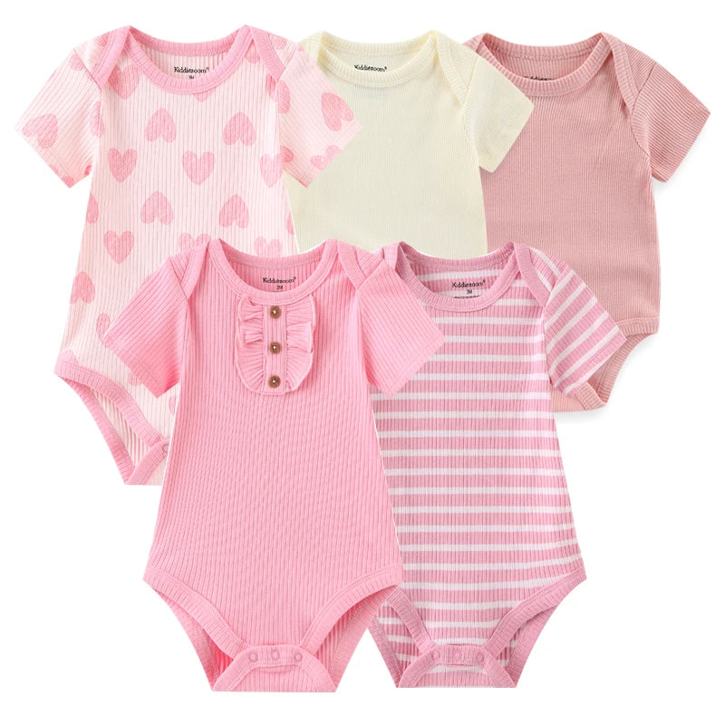 Infant Cotton Bodysuits 5-Pack with Short Sleeves and Envelope Shoulders, Solid Colors and Playful Prints for Baby Boys and Girls, Sizes 3M-12M