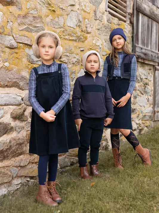 Navy Corduroy Sibling Outfits with Jumper Dress, Skirt and Pants Options, Coordinating Cotton Plaid Tee, Short Hoodie and Baby Overalls