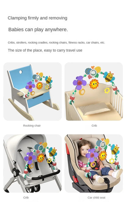 Stroller Activity Toy Arch with Colorful Hanging Play Details, Ocean or Bee Theme Clip-On Baby Play Bar for Supervised Sensory Exploration